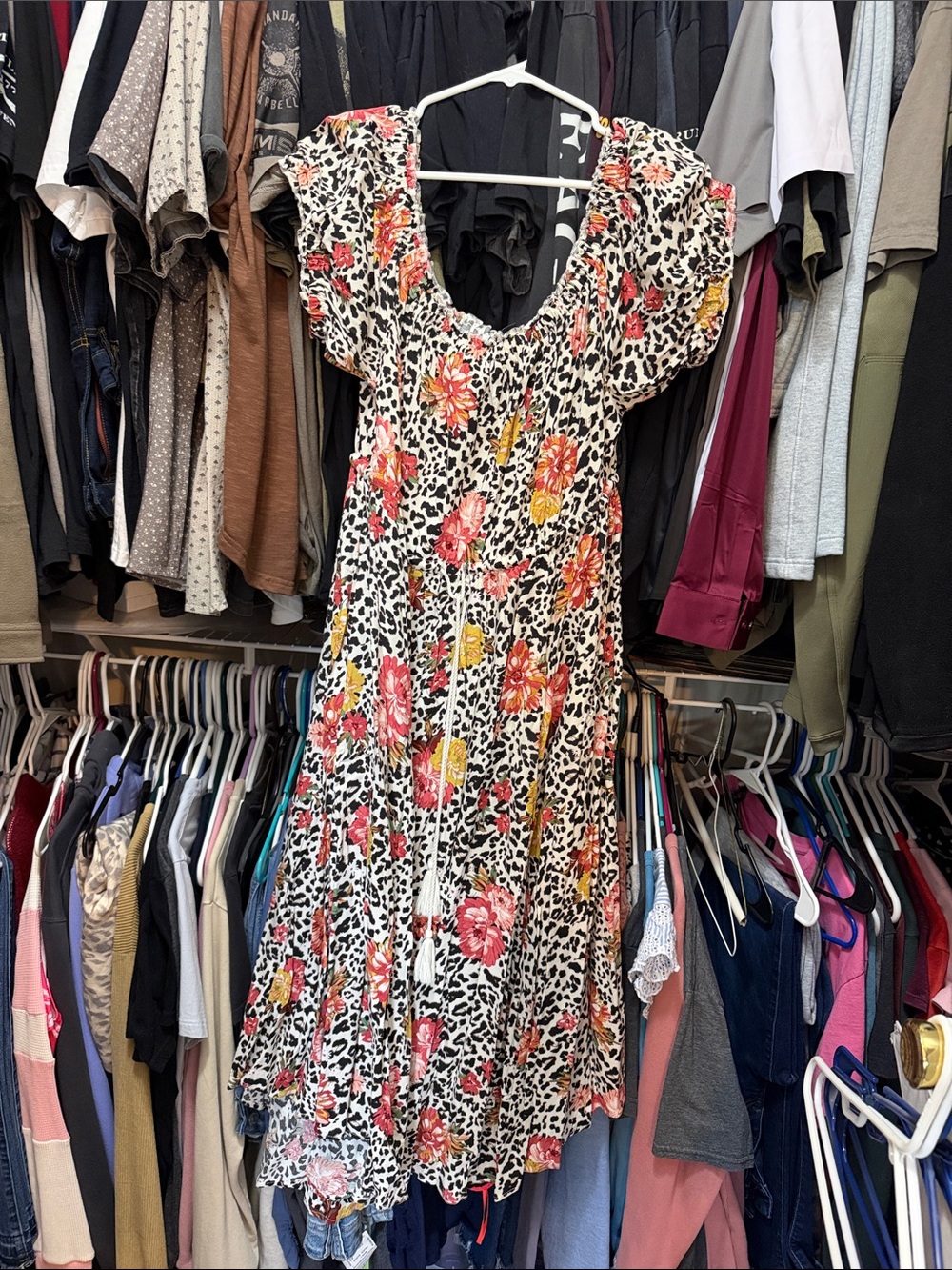 torrid Floral Leopard Print Puff Sleeve Midi Dress - White with Pink & Yellow